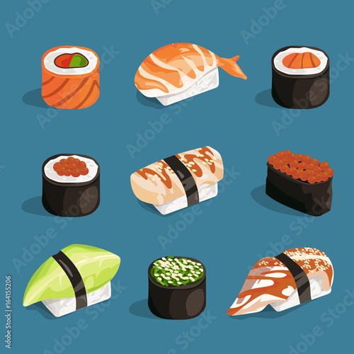 Set of classical asian food. White rice, sushi, salmon nori and different rolls. Vector pictures in cartoon style