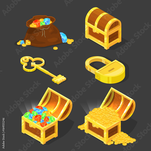 Old wooden chest with treasures, vintage key and lock. Vector illustrations in cartoon style