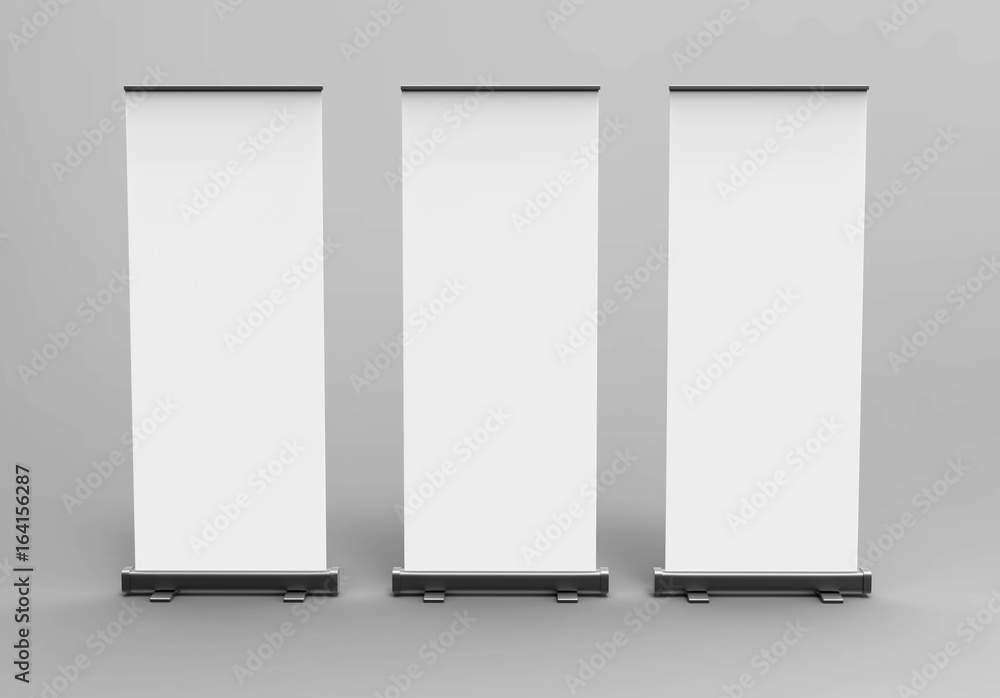 White blank empty high resolution Business Roll Up and Standee Banner display mock up Template for your Design Presentation. 3d render illustration. White blank empty high resolution Business Roll Up and Standee Banner display mock up Template for your Design Presentation. 3d render illustration.