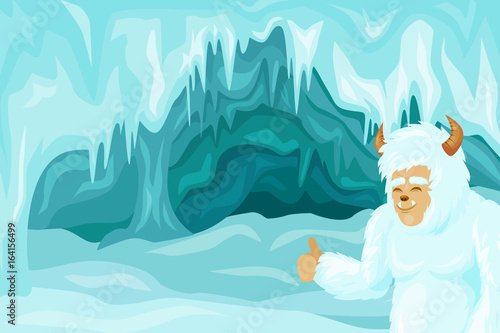 Cute Blue  Yeti 
in an ice cave Cartoon Mascot.Vector Illustration
