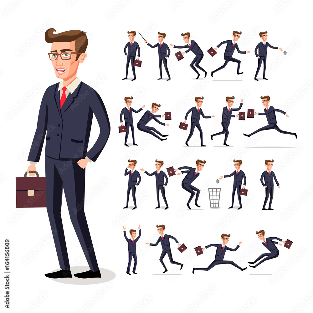 Male businessman in dark suit and red tie at work in various poses isolated on white background vector art