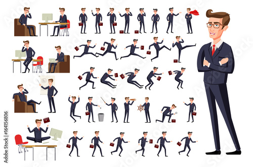 flat Manager office workplace. Male businessman in dark suit and red tie at work in various poses isolated on white background vector art