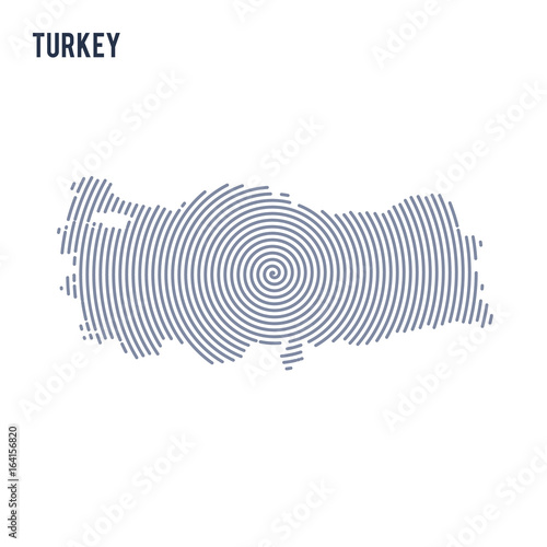 Vector abstract hatched map of Turkey with spiral lines isolated on a white background.
