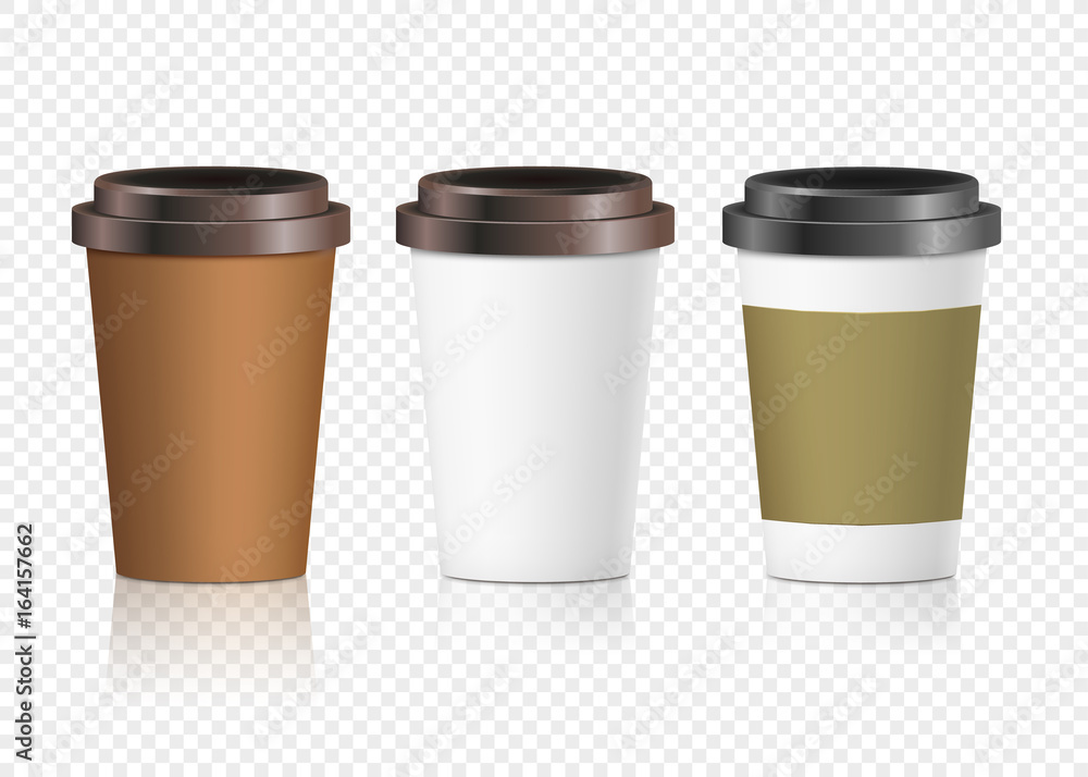 Coffee paper cup set with label. Brown plastic container for drink. Latte, mocha or cappuccino cup for cafe. Vector cover Coffee paper cup set with label. Brown plastic container for drink. Latte, mocha or cappuccino cup for cafe. Vector cover