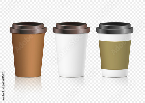 Coffee paper cup set with label. Brown plastic container for drink. Latte, mocha or cappuccino cup for cafe. Vector cover