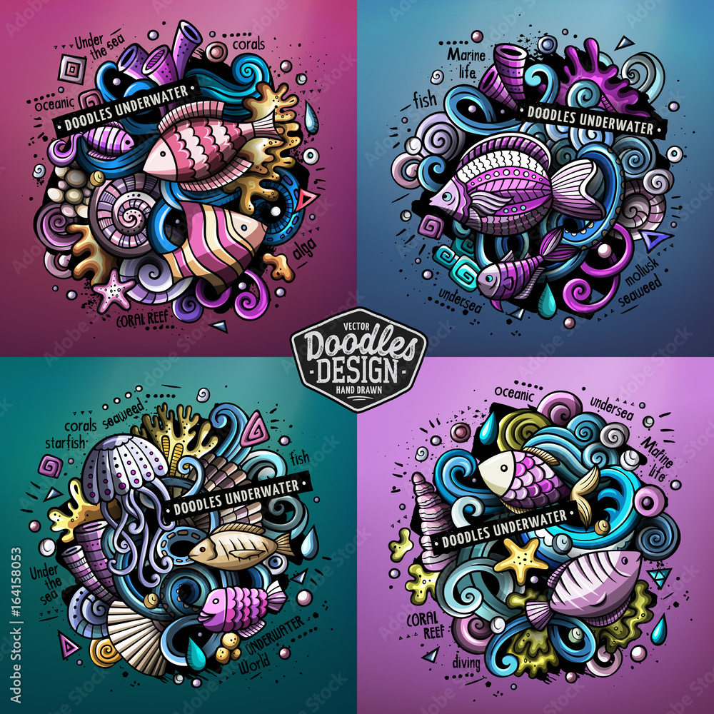 Fototapeta premium Underwater life cartoon vector doodle illustrations