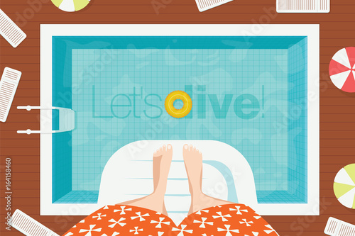 Summer swimming pool without people in water. Foot on the springboard for diving. Colorful summer holiday vector illustration.
