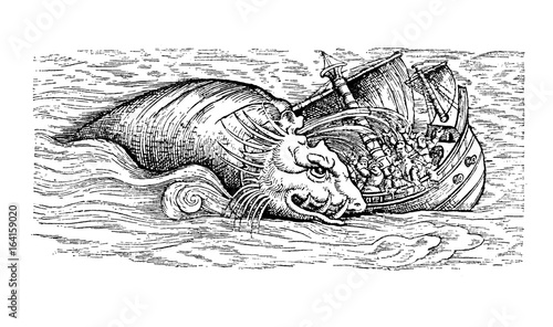 Photography Sea monster, sputtering whale attacks sailship, medieval engraving, year 1598