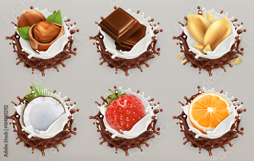 Fruit, berries and nuts. Milk and chocolate splashes, ice cream. 3d vector icon set