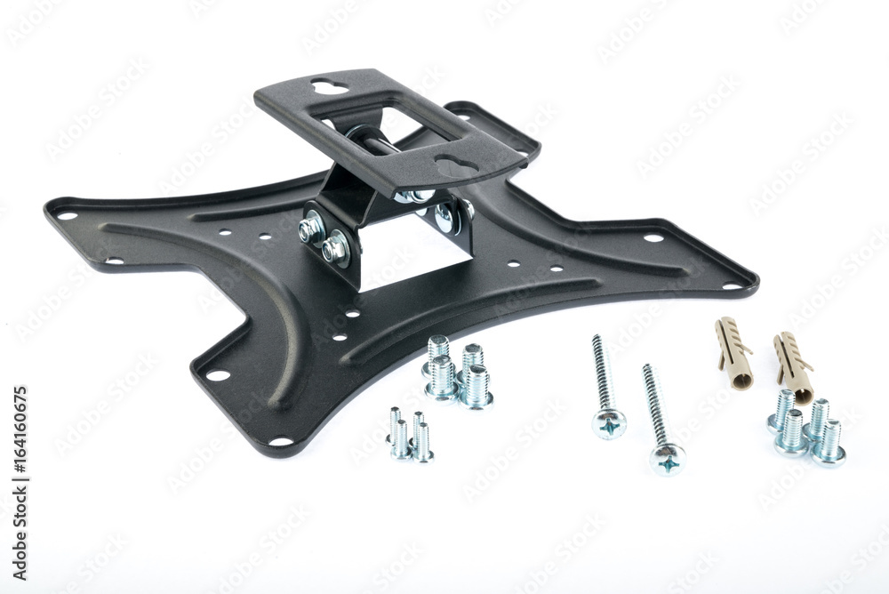 Black bracket, in the form of a butterfly, for a TV with accessories, on a white isolated background. Horizontal frame Black bracket, in the form of a butterfly, for a TV with accessories, on a white isolated background. Horizontal frame