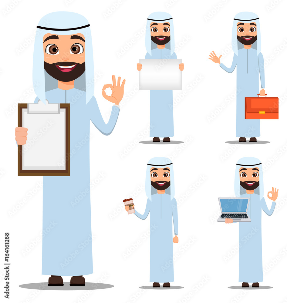 Arab man in white clothes. Cute cartoon character set. Vector illustration