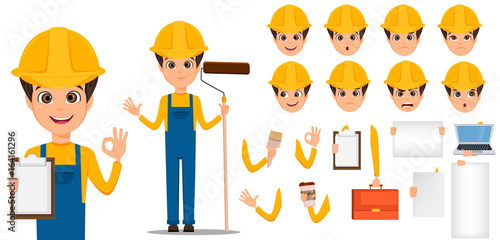 Builder cartoon character creation set. Young handsome installer in uniform and helmet. Build your personal design - stock vector