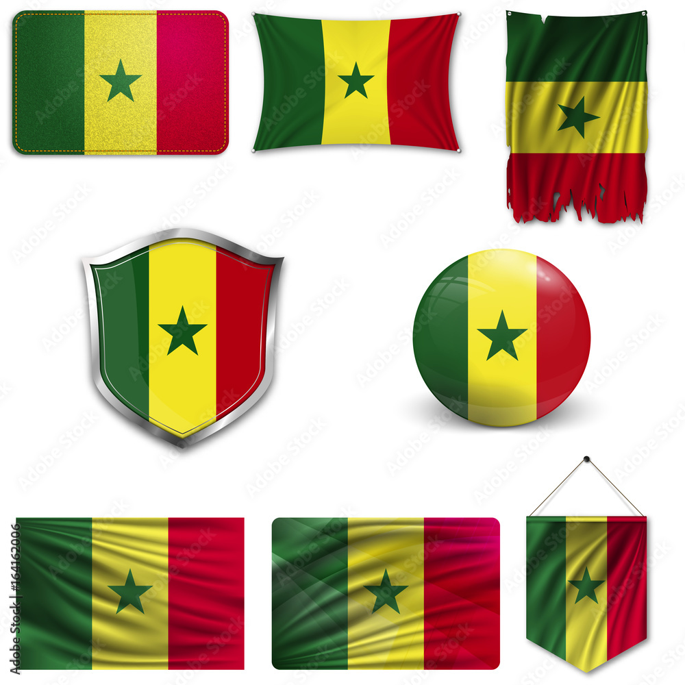 Set of the national flag of Senegal in different designs on a white background. Realistic vector illustration. Set of the national flag of Senegal in different designs on a white background. Realistic vector illustration.