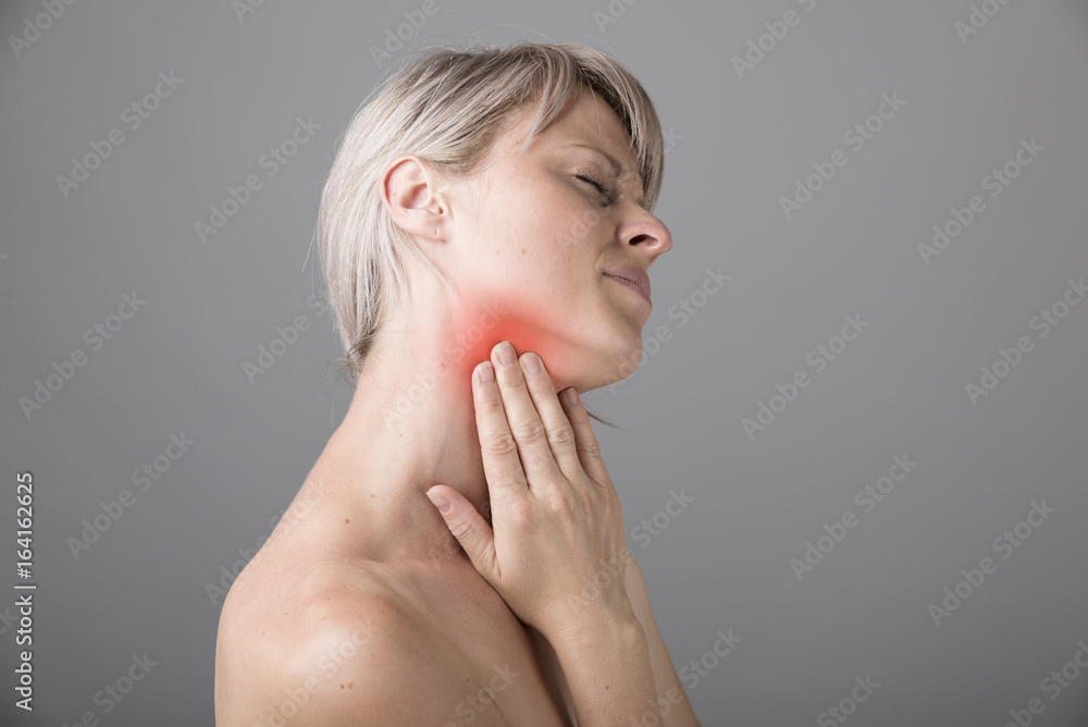 Throat Pain. Beautiful Woman Having Sore Throat, Feeling Sick. Unhappy Ill Female Suffering From Painful Swallowing, Strong Pain In Throat, Holding Hand On Her Neck. Health Concept. High Resolution