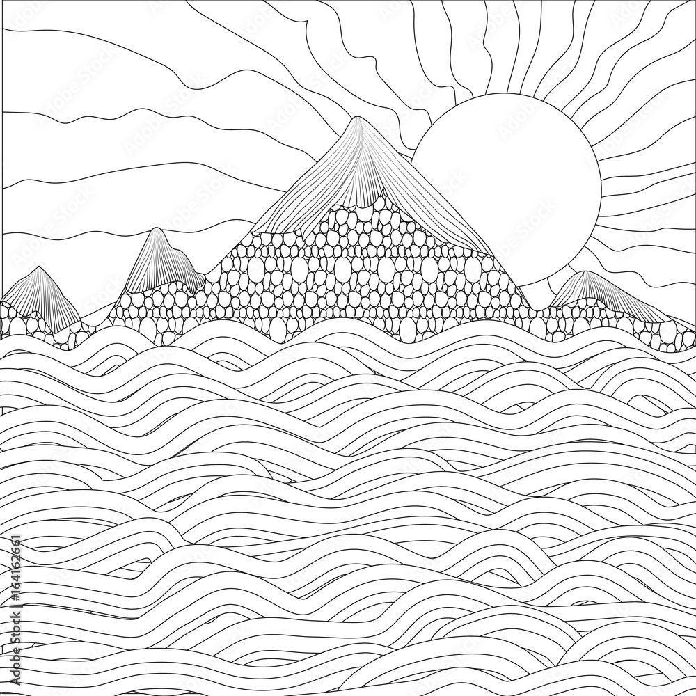 Landscape with sea, mountains and sun on a white background. Vector illustration. Black and white sample. Page for coloring book. Doodle, Zentangle. Landscape with sea, mountains and sun on a white background. Vector illustration. Black and white sample. Page for coloring book. Doodle, Zentangle.