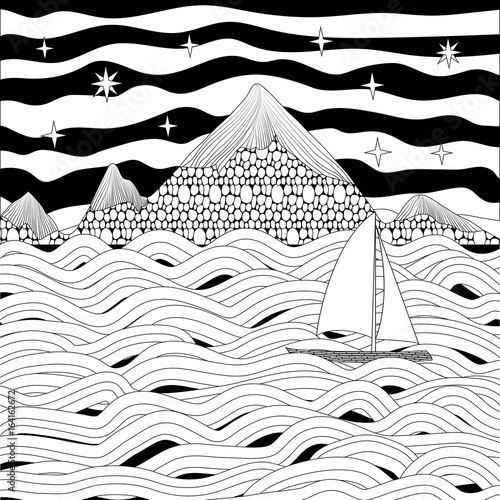 Night landscape  with sea, mountains, boat and stars on a white background. Vector illustration. Black and white sample. Page for coloring book. Doodle, Zentangle.