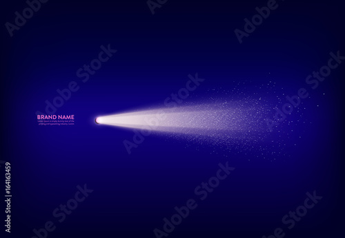 Vector illustration, abstract purple banner with spotlight, flashlight, light beam, ray of light with white sparks. Design element for advertising poster