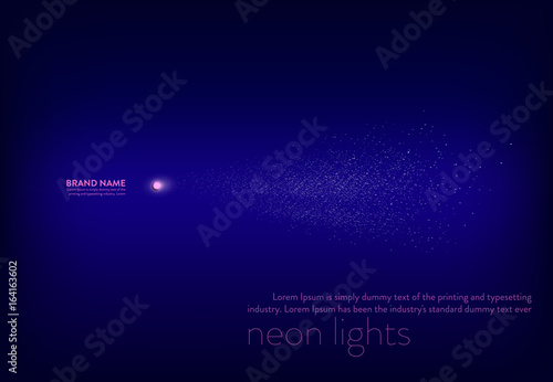 Vector illustration, abstract purple banner with neon spotlight, flashlight, light beam white sparks. Design element for advertising poster