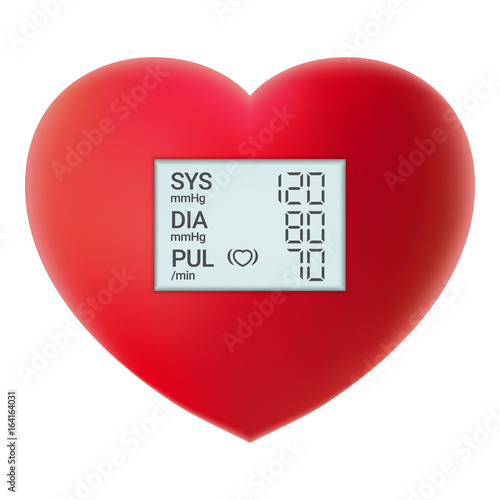 Arterial Blood Pressure Checking Concept. Digital Tonometer On Red Heart Isolated On A White Background. Realistic Vector Illustration.