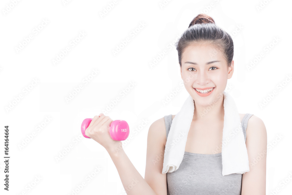 Sporty  woman exercising , isolated on white background.