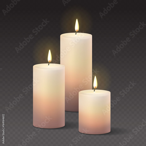 Candles burning, with fire realistic Vector Illustration on transparent dark background