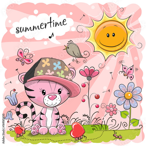 Fototapeta Naklejka Na Ścianę i Meble -  Cute Cartoon Tiger on the meadow