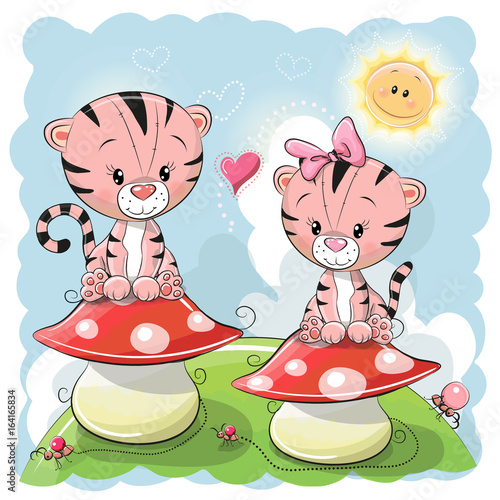 Two Cute Cartoon Tigers and mushrooms