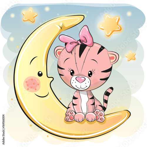 Fototapeta Naklejka Na Ścianę i Meble -  Cute Cartoon Tiger on the moon
