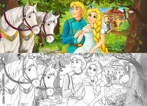 Cartoon scene with cute royal charming couple on the meadow - beautiful manga girl - with coloring page - illustration for children