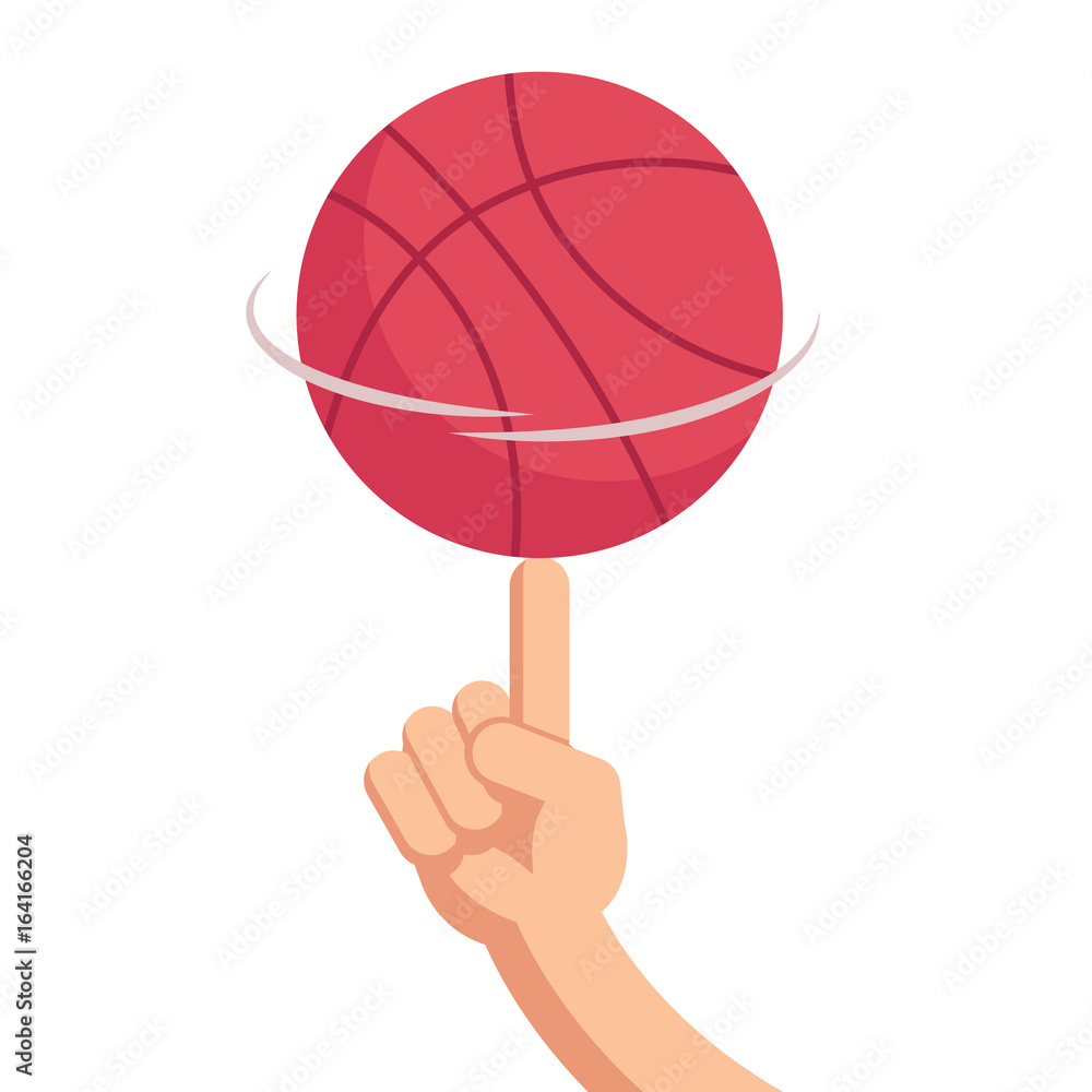 Basketball ball spinning on the finger. Vector cartoon illustration in