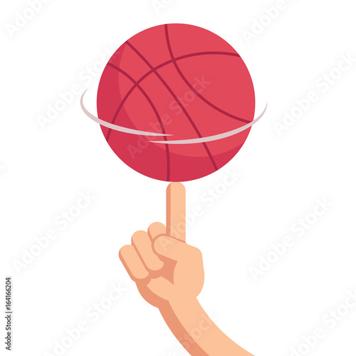 Basketball ball spinning on the finger. Vector cartoon illustration in flat style