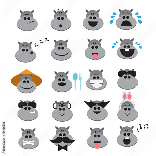 20 Hippo icons expressing different emotions