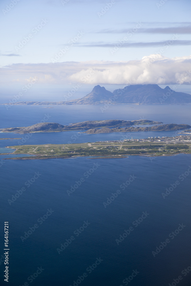 aerial view over the Nowegian city Bodo and the lanscape around with mountains and sea; Norway;