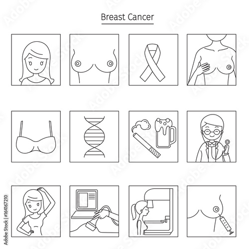 Breast Cancer Outline Icons Set, Mammary, Boob, Body, Organs, Physical, Sickness, Health