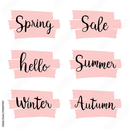 Season Sale. Set of hand drawn watercolor labels and badges for shopping sale, discounts, e-commerce and other promotion. Shopping Calligraphy Brush lettering with pink hand drawn circle background.