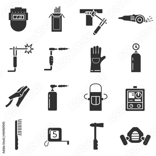 Welding, monochrome icons set. tools and equipment. isolated vector illustrations.