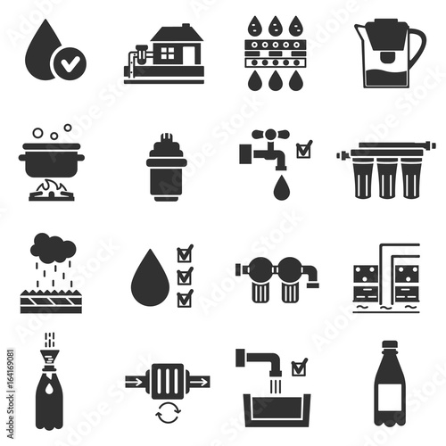 Water purification, monochrome icons set. Waste water treatment, isolated vector illustration