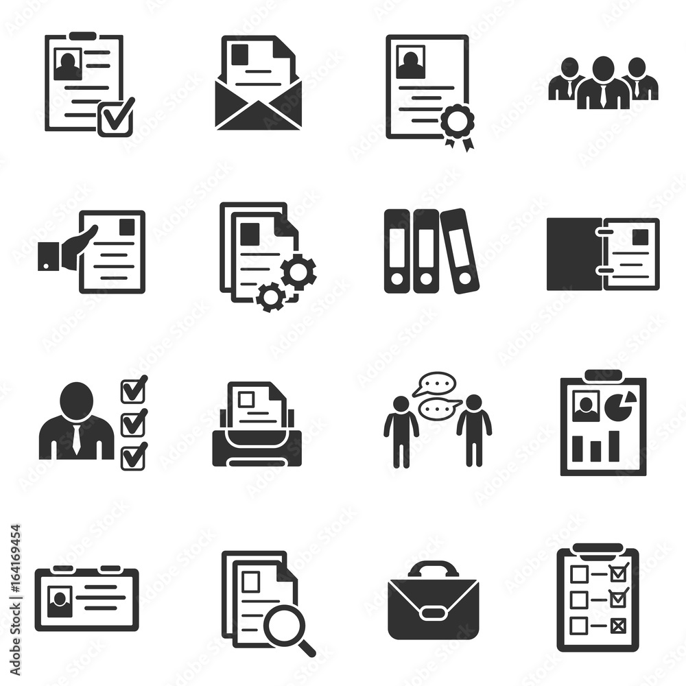 Summary icons set. Interview and hiring, simple symbols collection. Review resume. Reception staff for the vacant post, isolated vector monochrome illustrations Summary icons set. Interview and hiring, simple symbols collection. Review resume. Reception staff for the vacant post, isolated vector monochrome illustrations