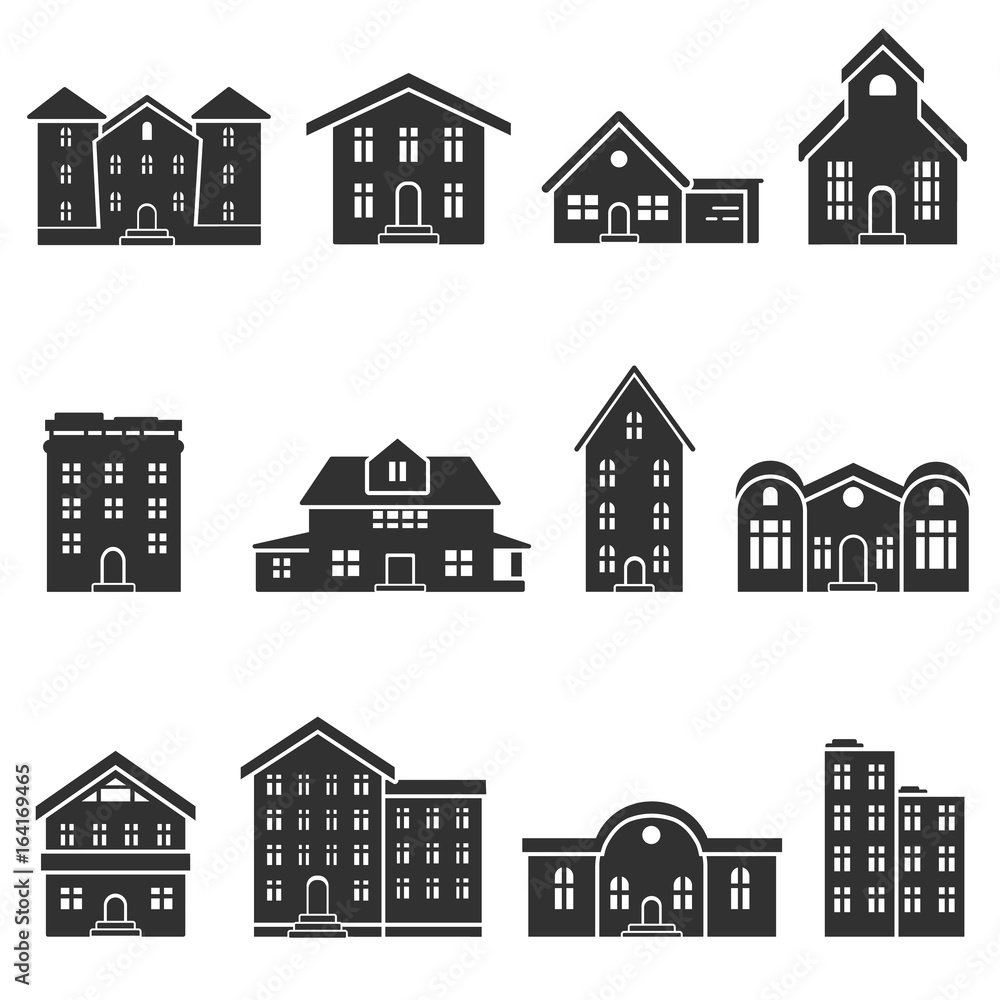 Buildings collection. Houses of different shapes, isolated vector monochrome illustrations