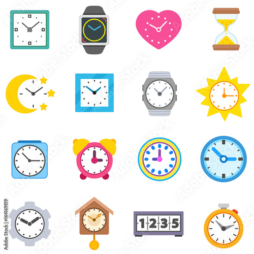 clock icons set. wall clocks, table clocks and wristwatches