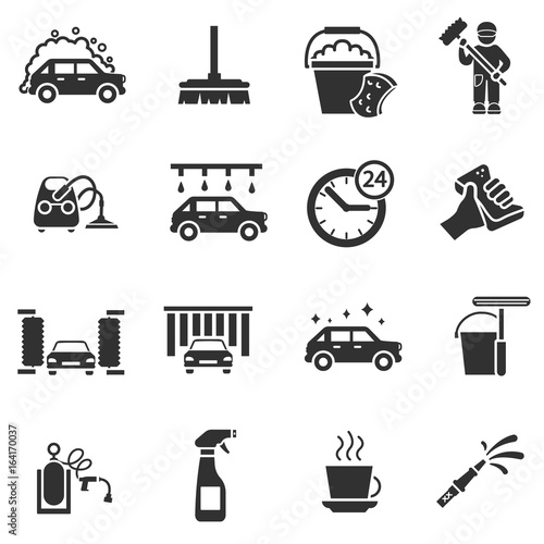 Auto wash. Monochrome icons set. Car wash, simple symbols collection. Automatic carwash, isolated vector illustrations