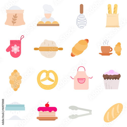 Bakery products and bread, icons set. Accessories for preparation food. Isolated vector illustration