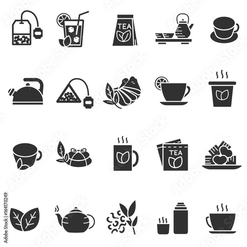 Tea. Monochrome icons. Aromatic beverage. Products and attributes
