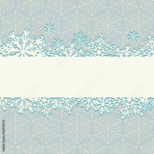 Christmas winter background with snowflakes. Continuous horizontal strip of snow on backdrop with snowflakes