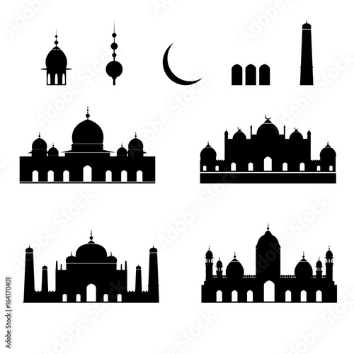 Mosque silhouettes collection. Vector illustration. Set of black icons isolated on white.