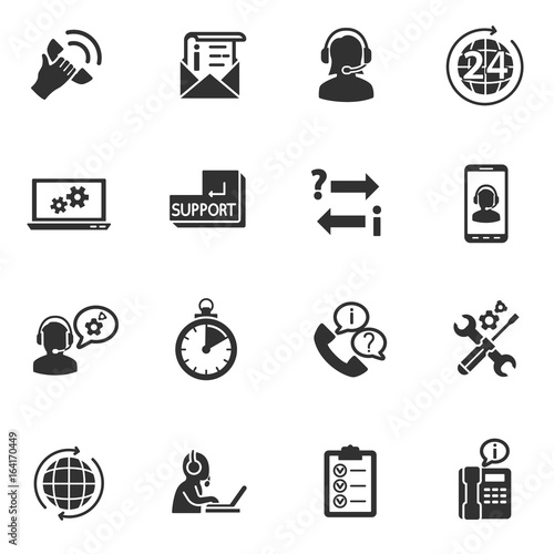 Online support. Informing and answers on questions. Monochrome icons.