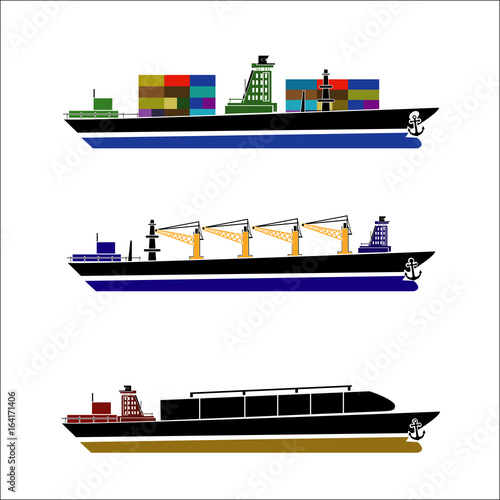 Beautiful flat four colored loaded container ship decorative element Modern global cargo shipping design element. Ideal for shipment and international trade infographics and web articles