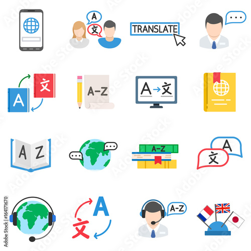 language translation. icon set. flat design. isolated symbols collection