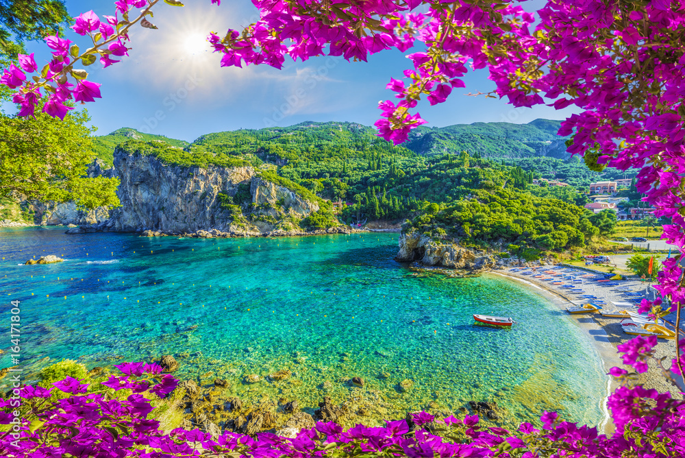 Fototapeta premium Niesamowita zatoka z kryształem czysta woda w Paleokastritsa, wyspa Korfu, Grecja