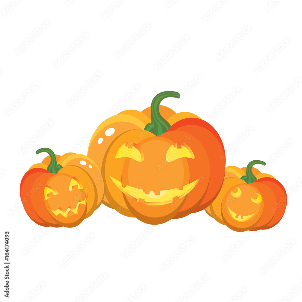 Obraz premium Funny Halloween pumpkins with different emotions, smiles and faces. Vector illustration for a postcard or a poster. Autumn holiday. Realistic vector concept.